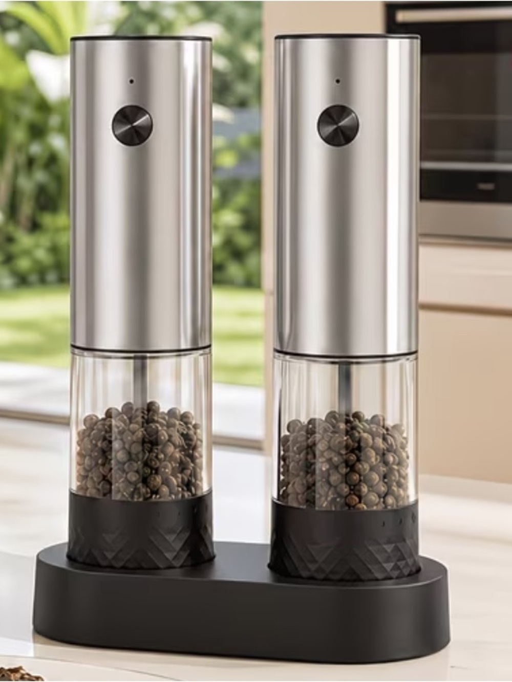 NEW: RECHARGEABLE stainless steel salt & pepper with stand